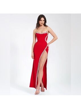 Strapless Red Evening Gown with Beaded Trim
